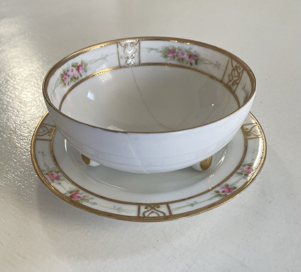 VTG NIPPON HAND PAINTED PORCELAIN FOOTED BERRY BOWL SAUCER SET FLORAL GOLD